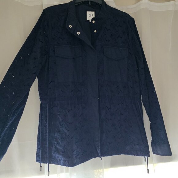 Gap Navy Floral Eyelet Utility lined Navy Jacket Drawstring Waist sz L - Picture 3 of 14